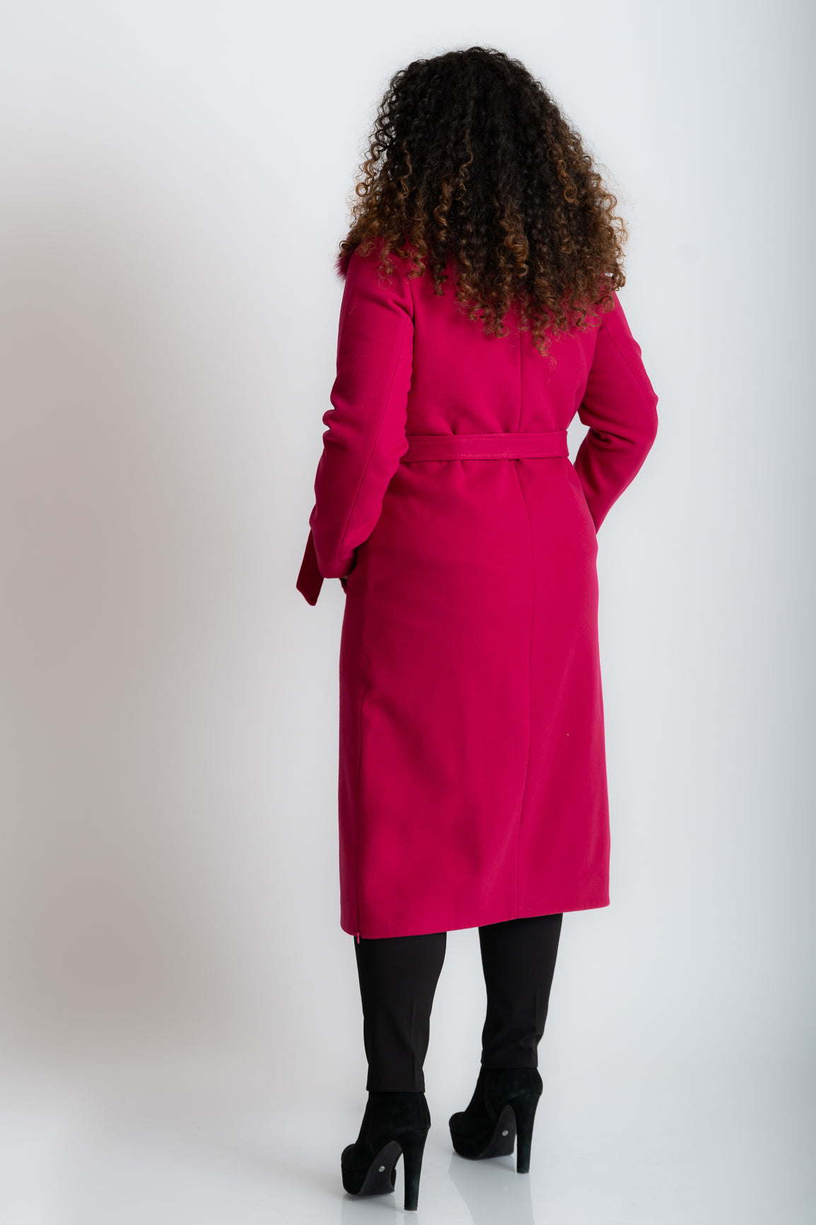 Palton lung cu blana naturala, fuchsia