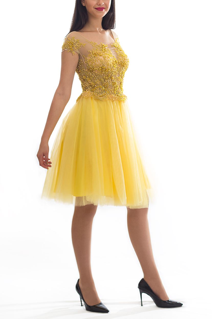 Rochie cu fustă din tulle și dantelă cusută manual aurie Rochie R80009