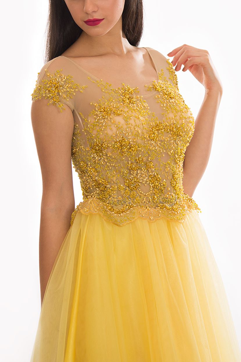Rochie cu fustă din tulle și dantelă cusută manual aurie Rochie R80009