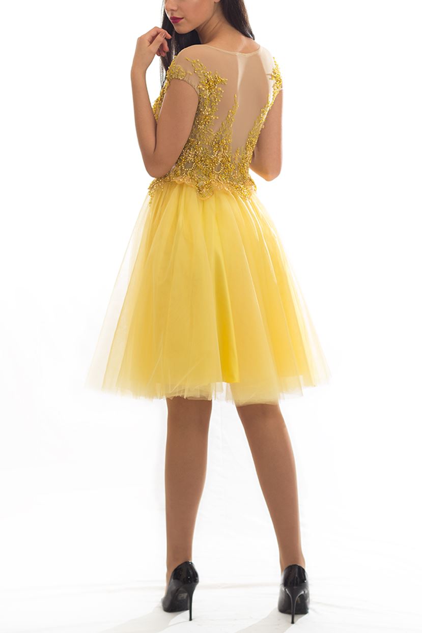 Rochie cu fustă din tulle și dantelă cusută manual aurie Rochie R80009