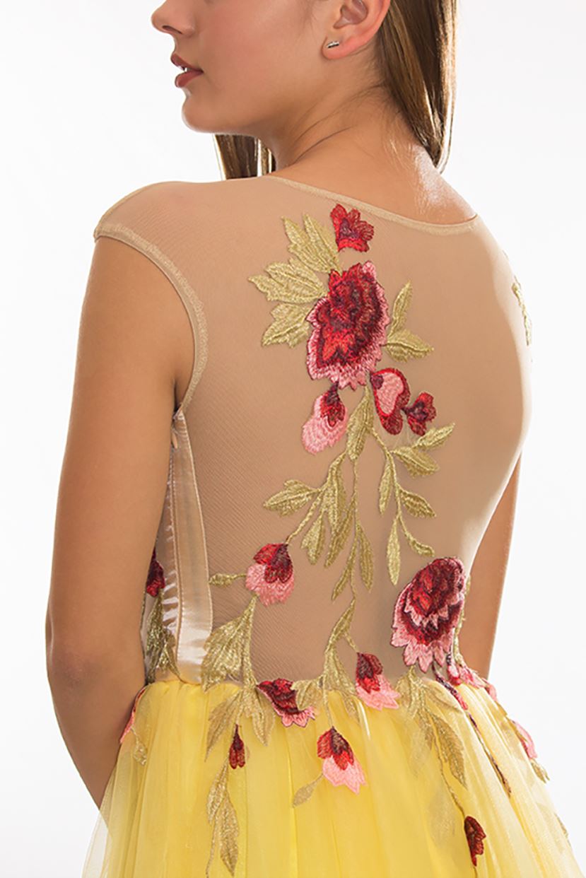 Rochie cu fustă din tulle și dantelă cusută manual galbenă Rochie R80010