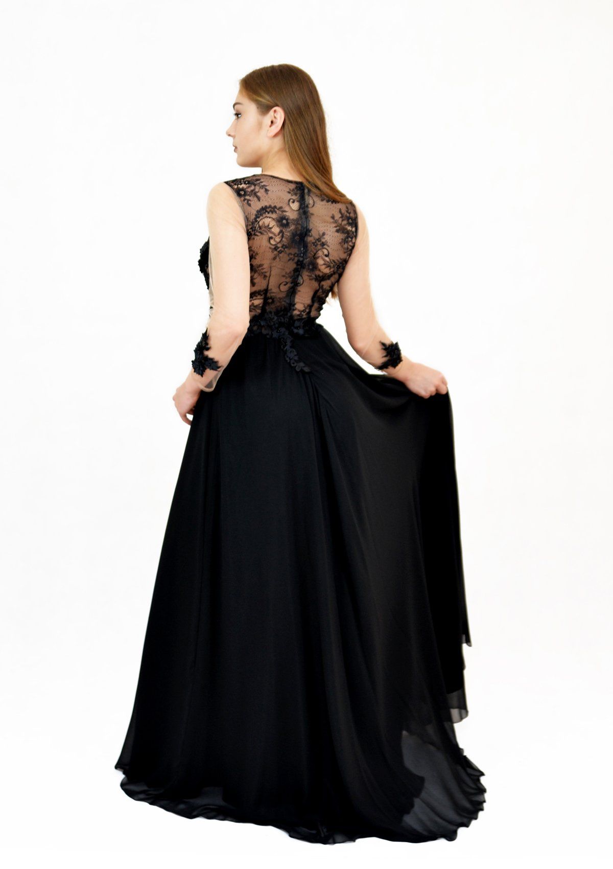 Rochie cu maneci din plasă și dantelă 3D, neagră Rochie R80083