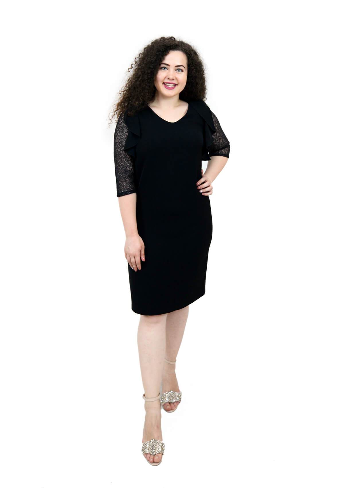 Rochie cu volanas si maneca din dantela, neagra Rochie R80027