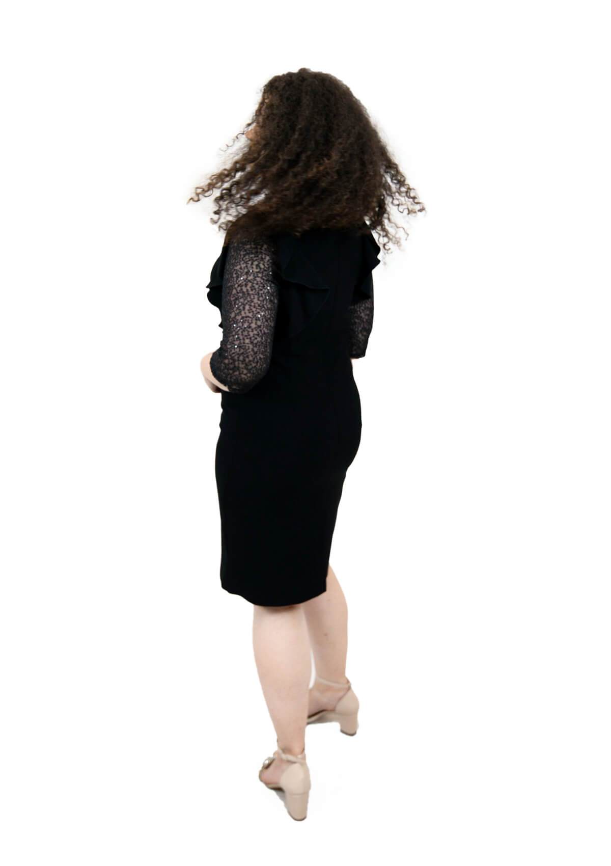 Rochie cu volanas si maneca din dantela, neagra Rochie R80027