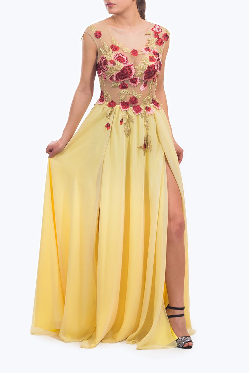 Rochie galbenă din voal cusută manual Rochie R800253