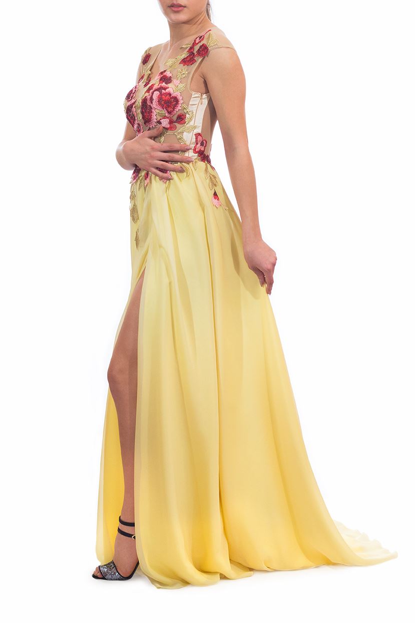 Rochie galbenă din voal cusută manual Rochie R800253
