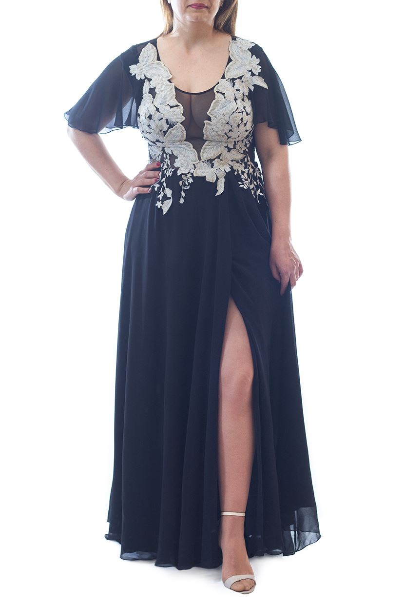 Rochie neagră cu dantelă albă aplicată Rochie R80064