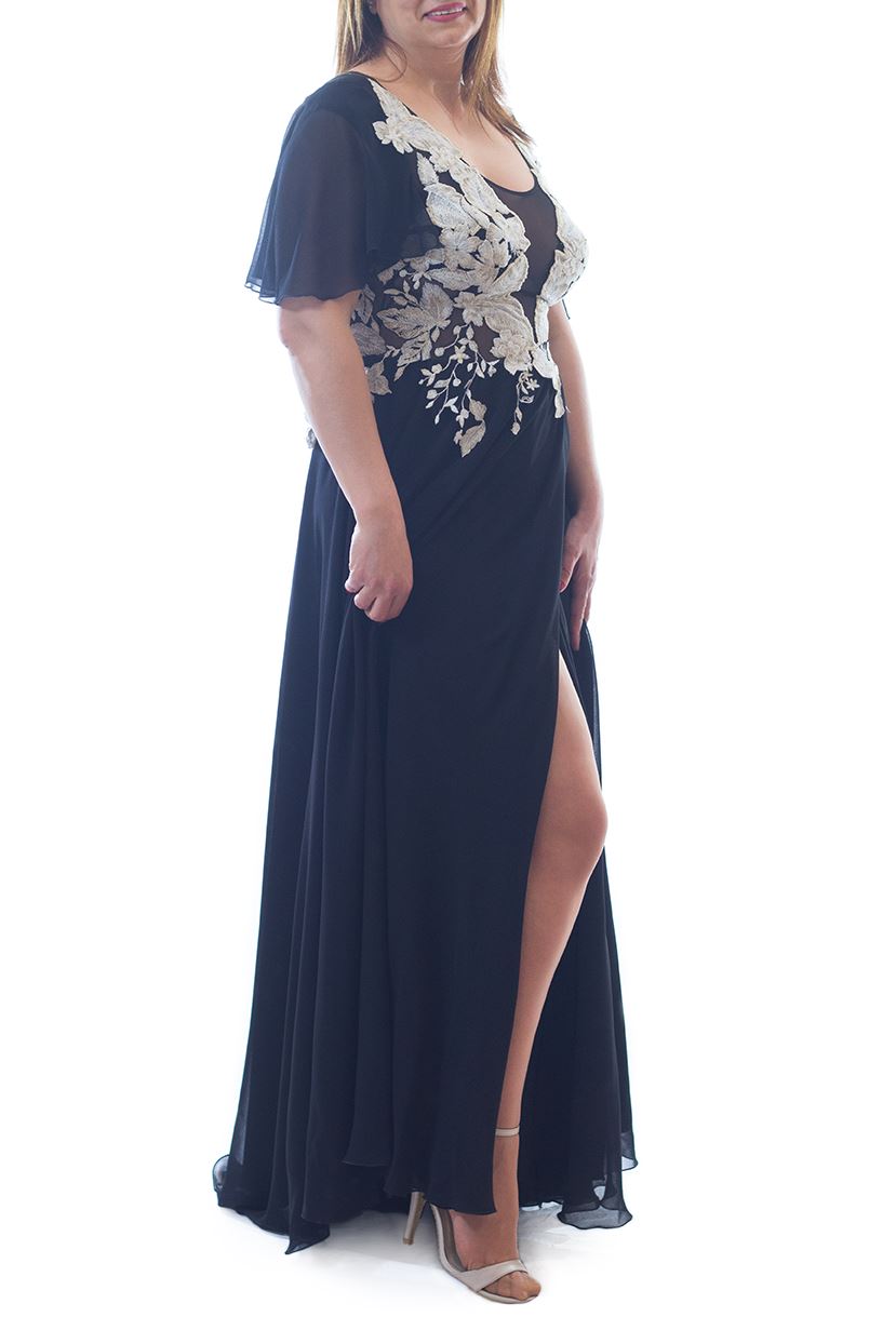 Rochie neagră cu dantelă albă aplicată Rochie R80064