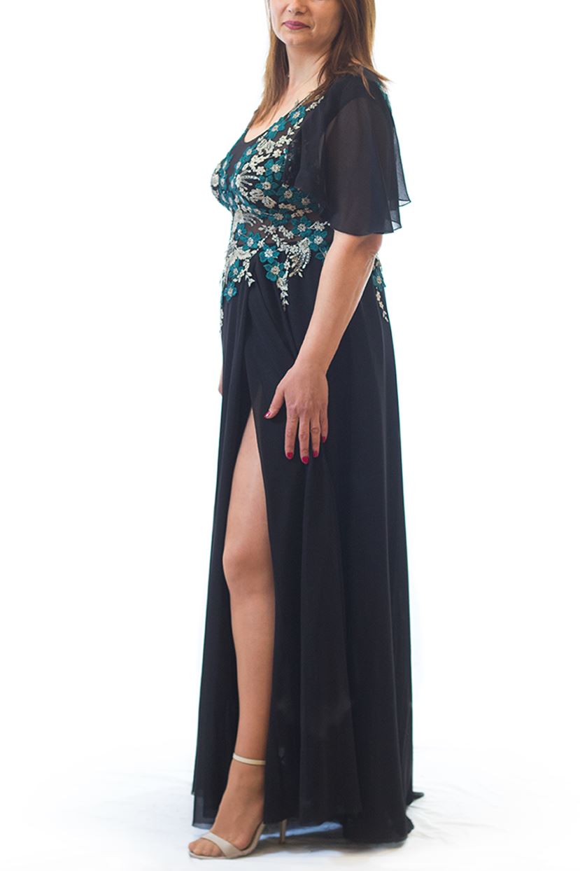 Rochie neagră din voal cu dantelă verde Rochie R80063