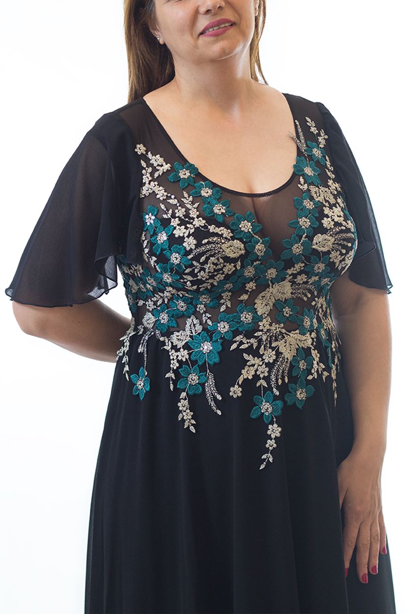Rochie neagră din voal cu dantelă verde Rochie R80063