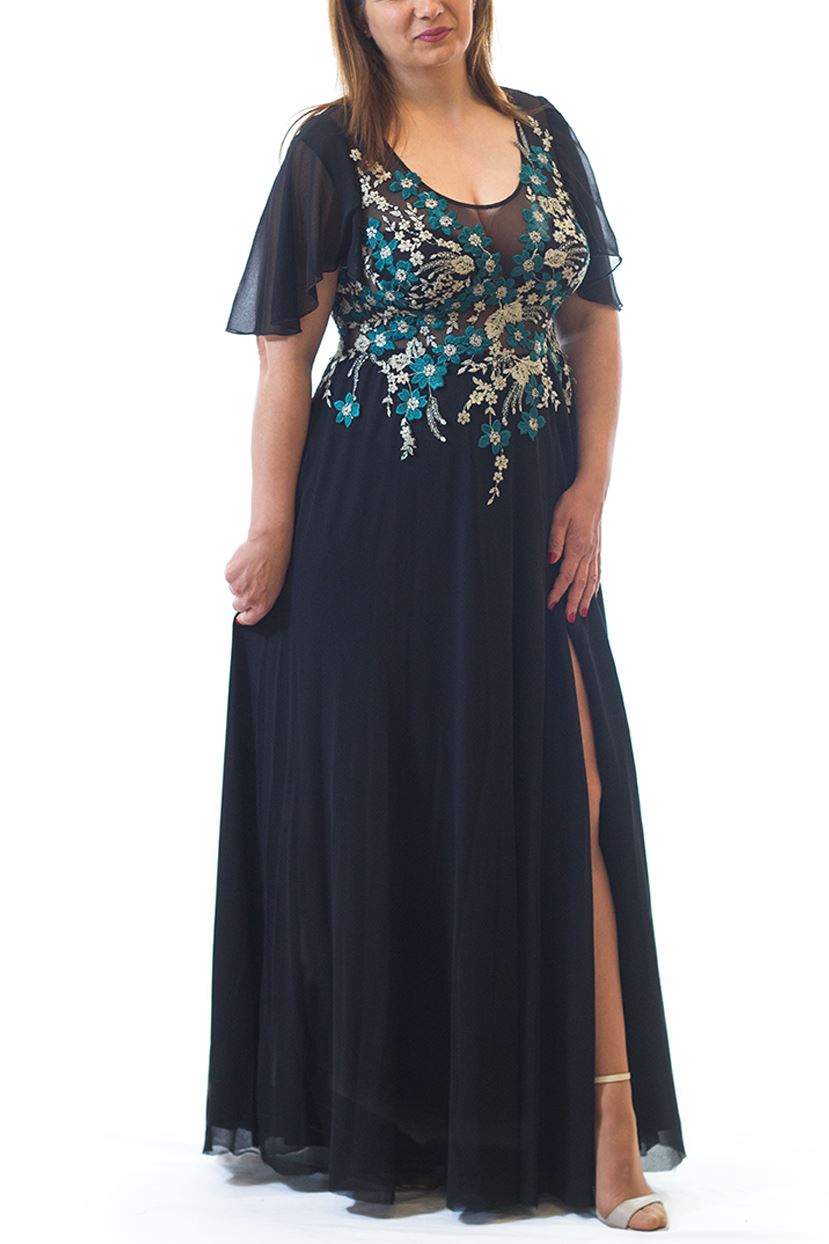 Rochie neagră din voal cu dantelă verde Rochie R80063