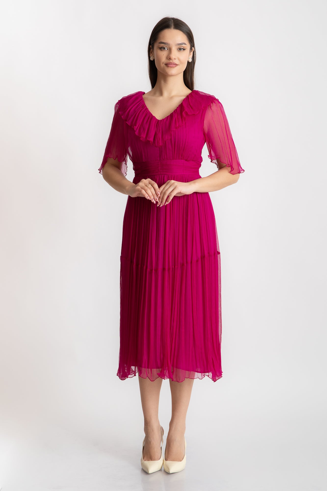 Rochie fuchsia cu volane