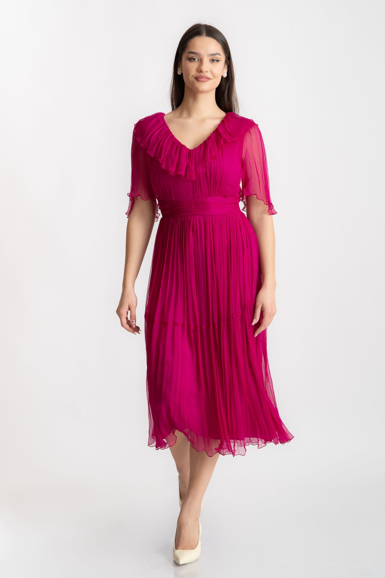 Rochie fuchsia cu volane