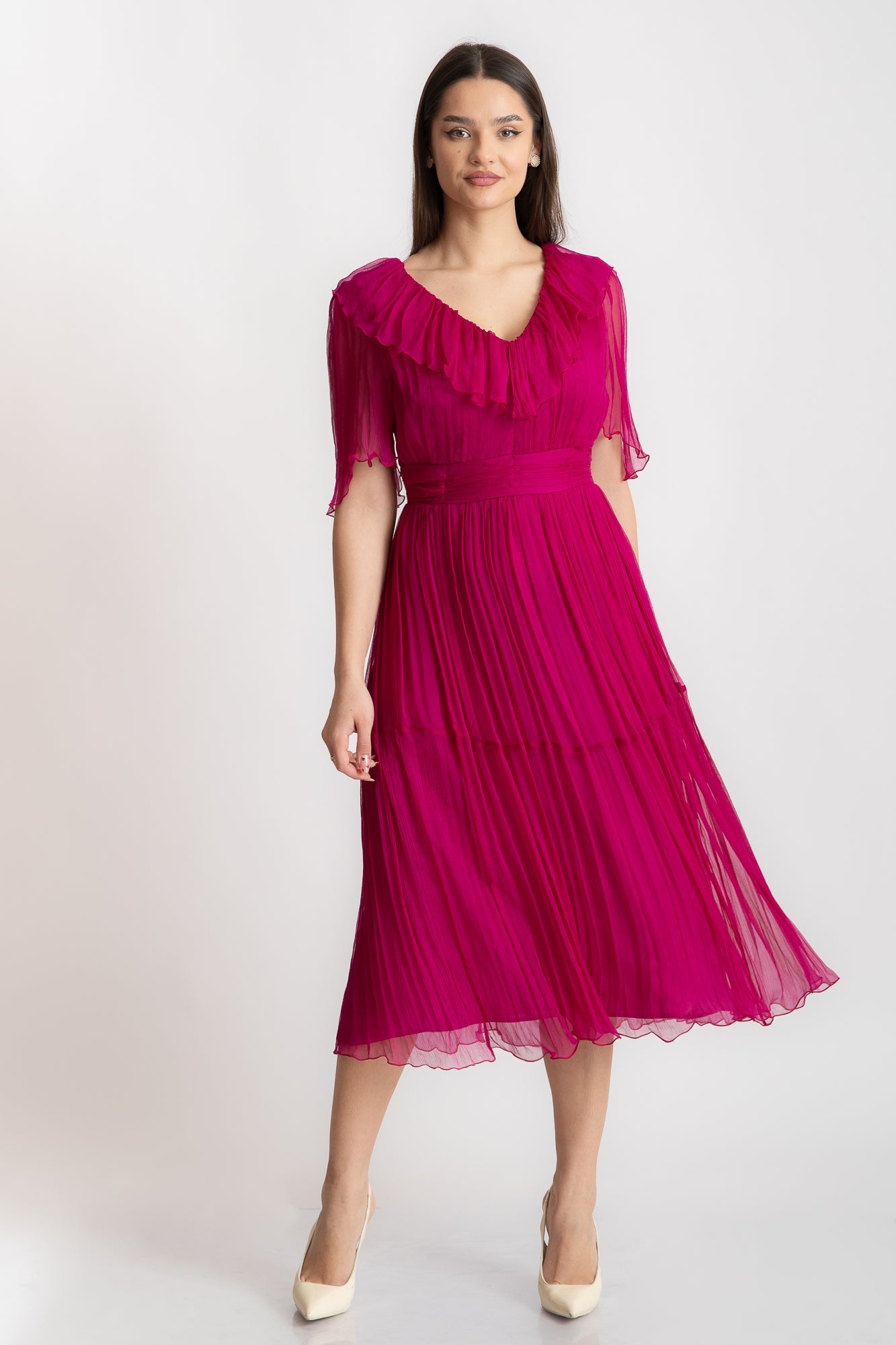 Rochie fuchsia cu volane