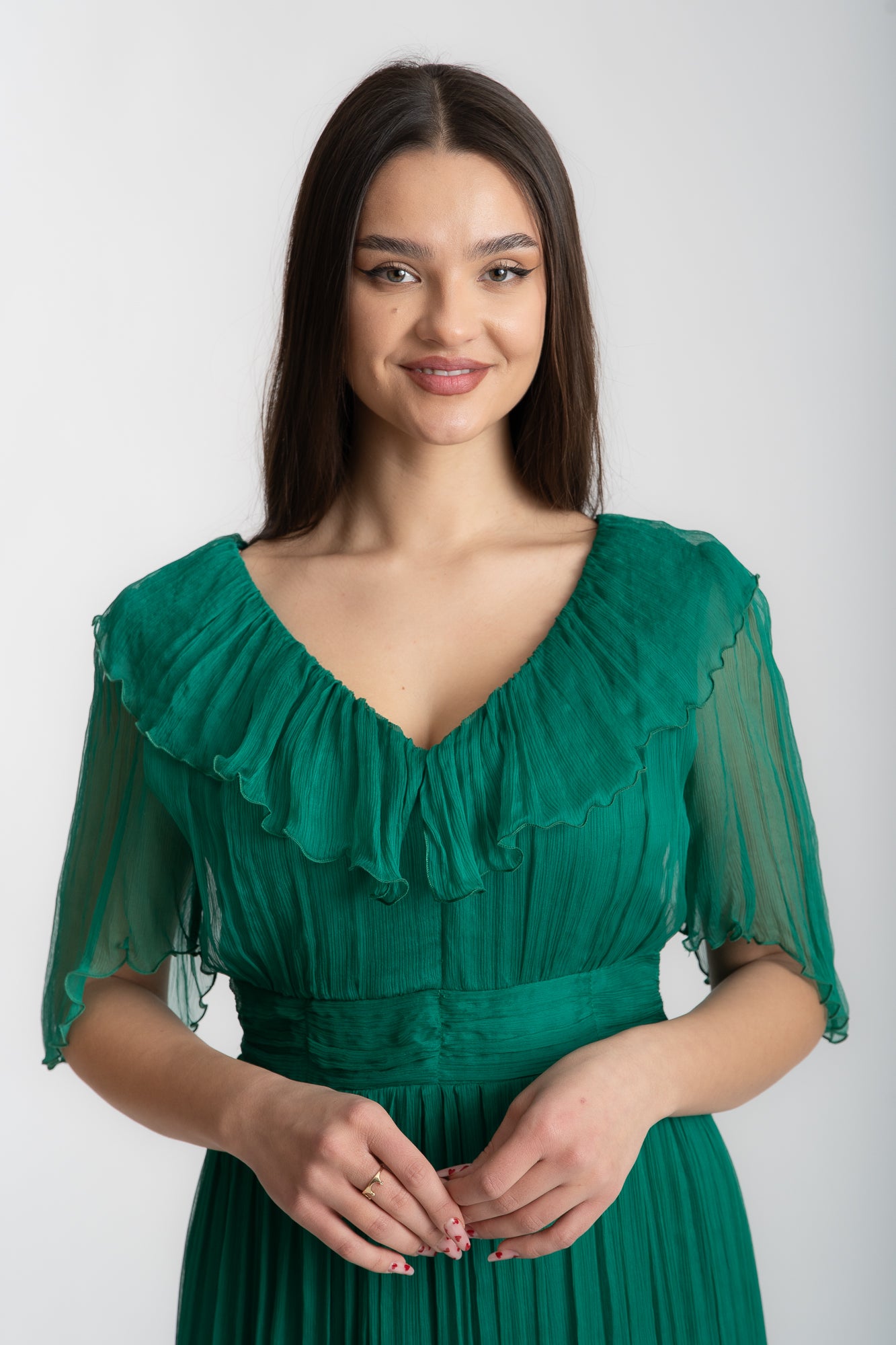 Rochie din matase cu volane, verde