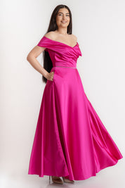 Rochie cu umeri goi, fuxia