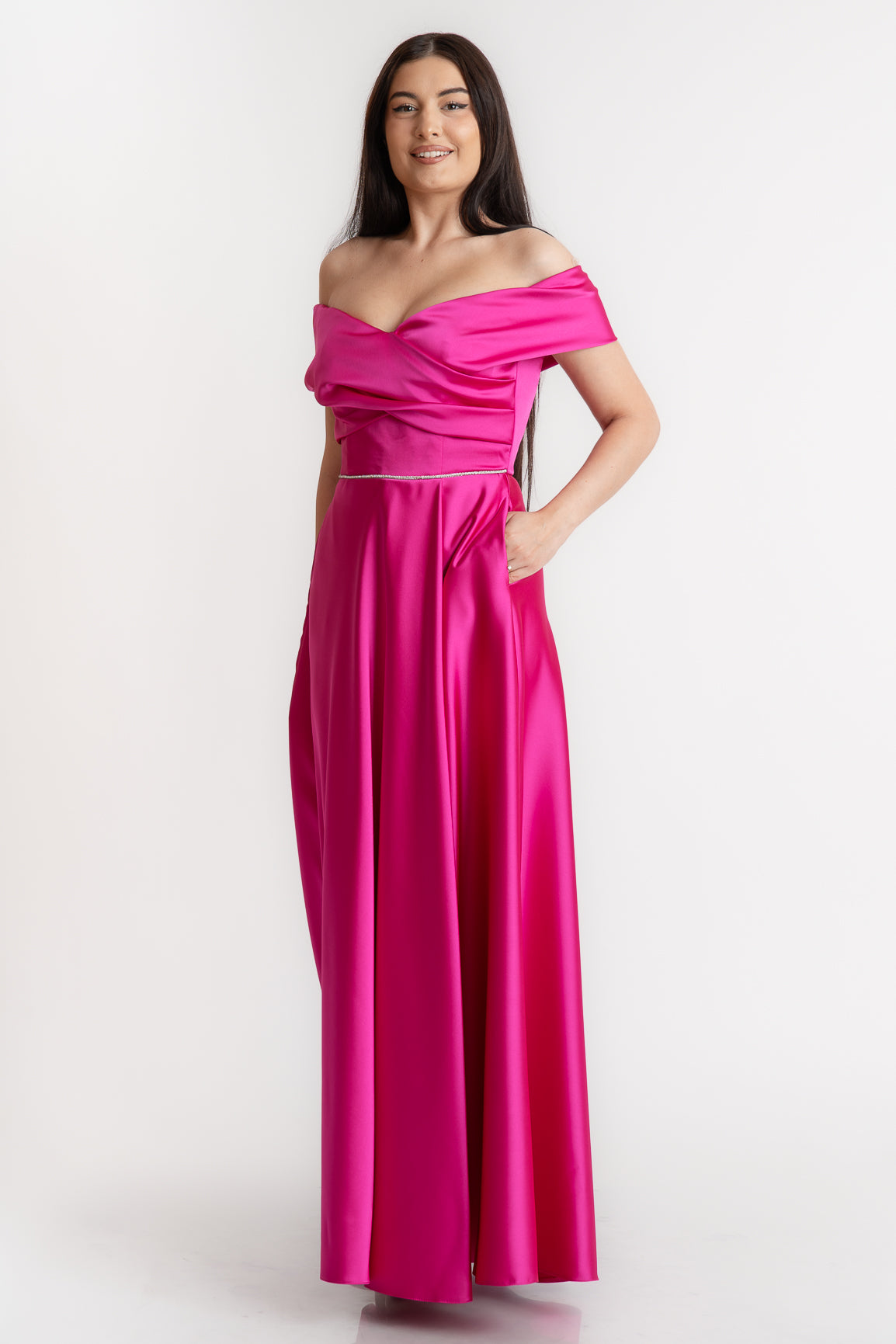 Rochie cu umeri goi, fuxia