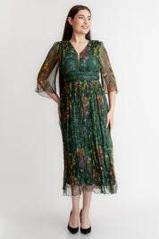 Rochie din matase imprimata, verde flori