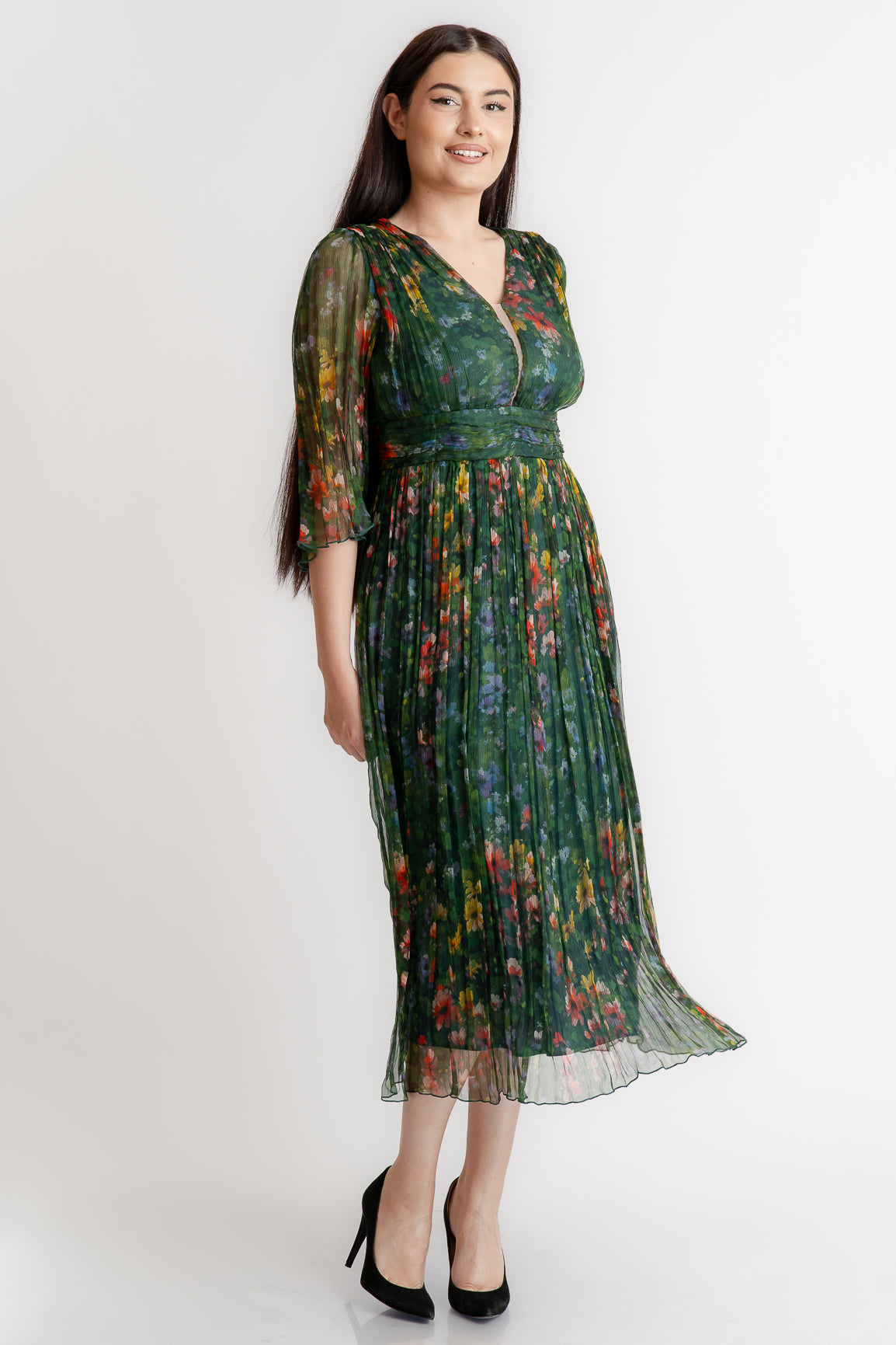 Rochie din matase imprimata, verde flori