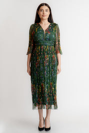 Rochie din matase imprimata, verde flori