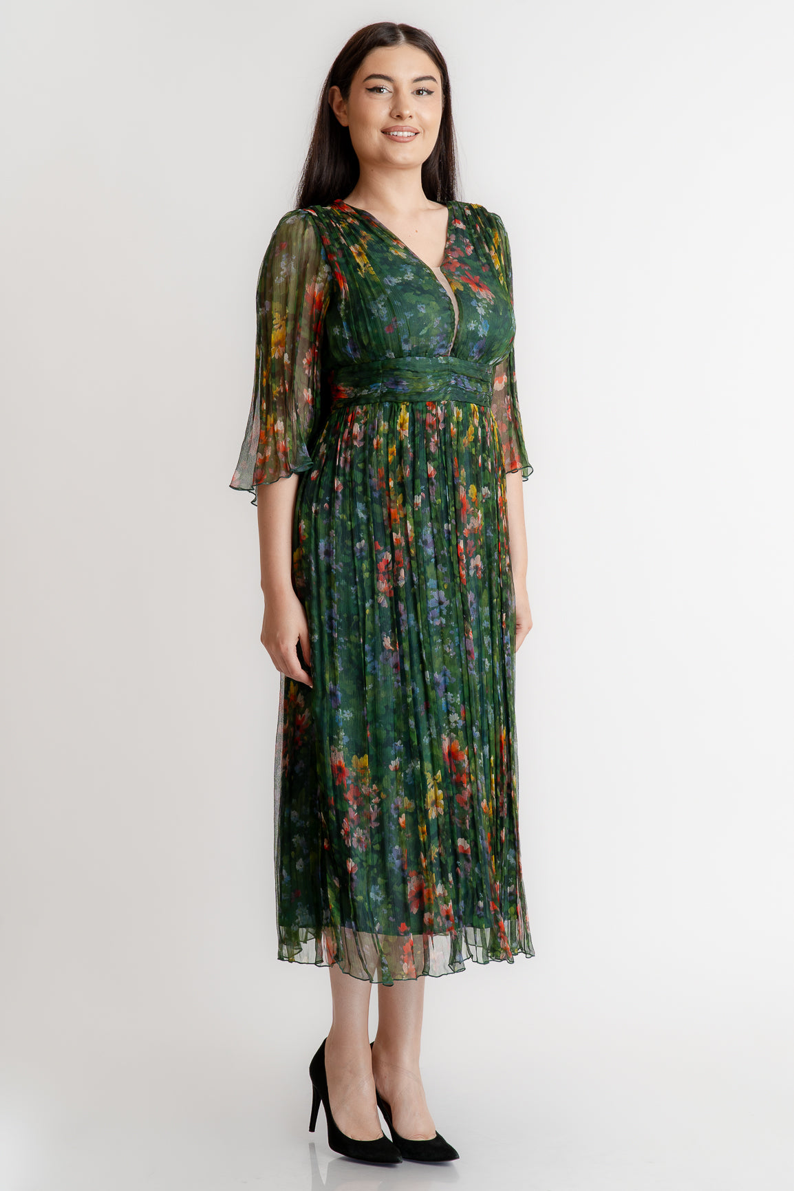 Rochie din matase imprimata, verde flori