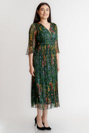 Rochie din matase imprimata, verde flori