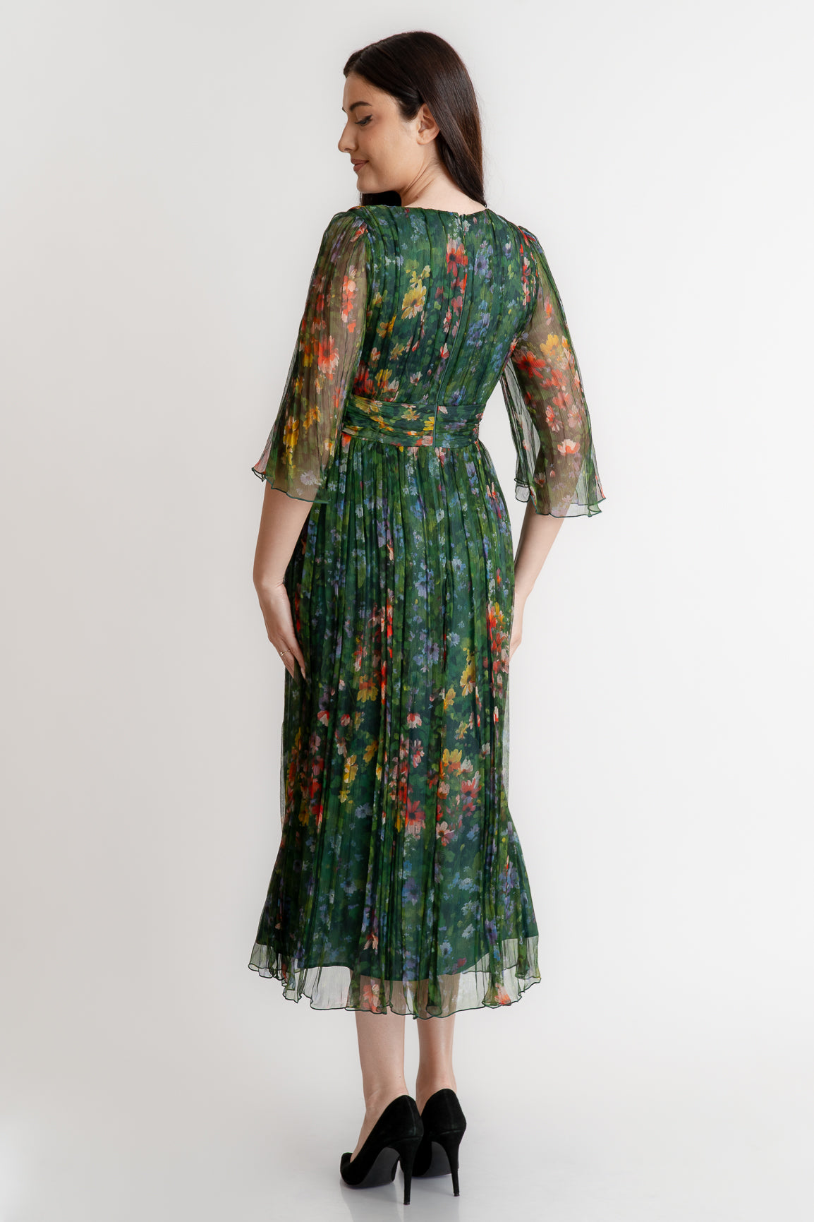 Rochie din matase imprimata, verde flori