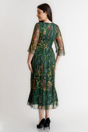 Rochie din matase imprimata, verde flori