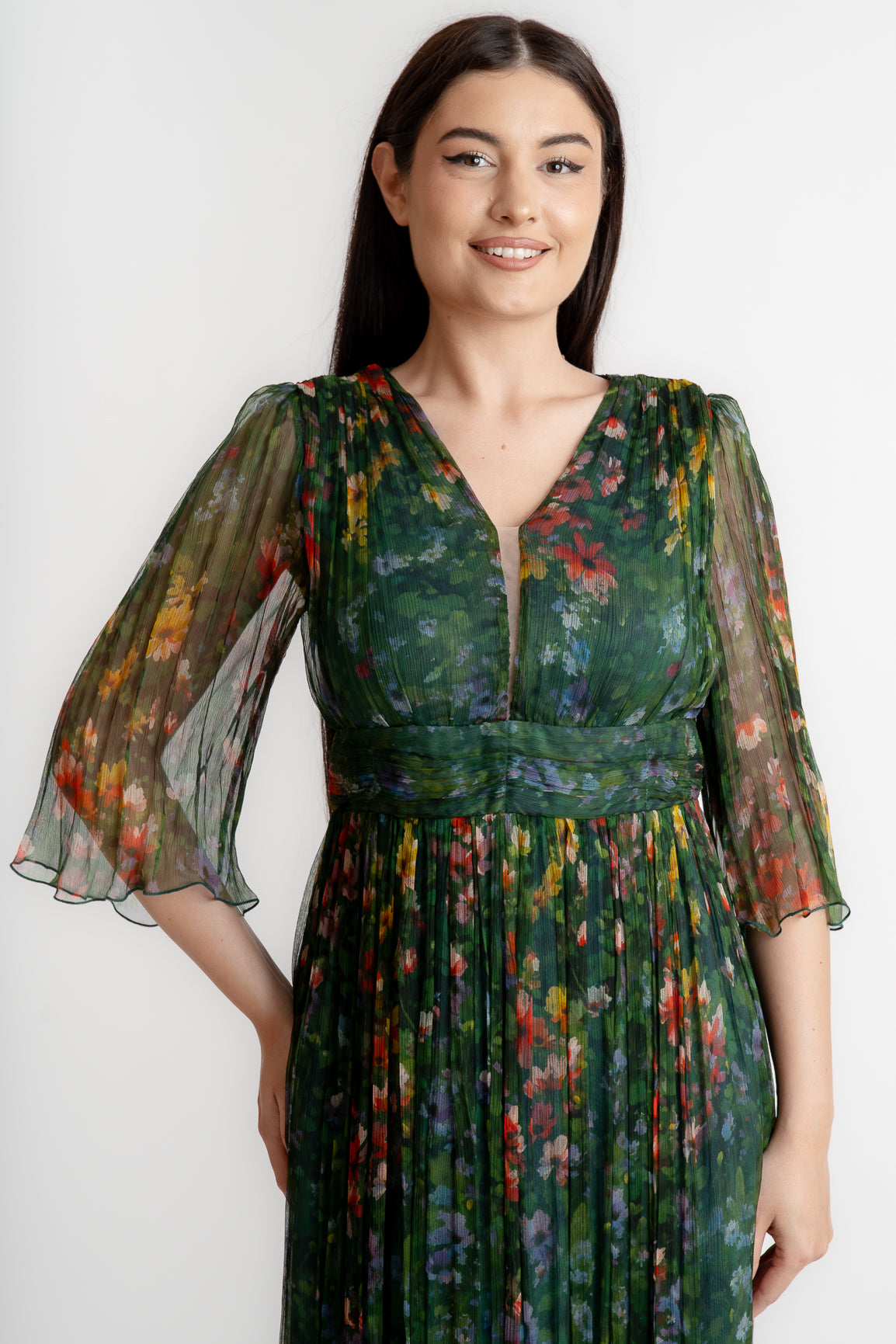 Rochie din matase imprimata, verde flori