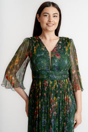 Rochie din matase imprimata, verde flori