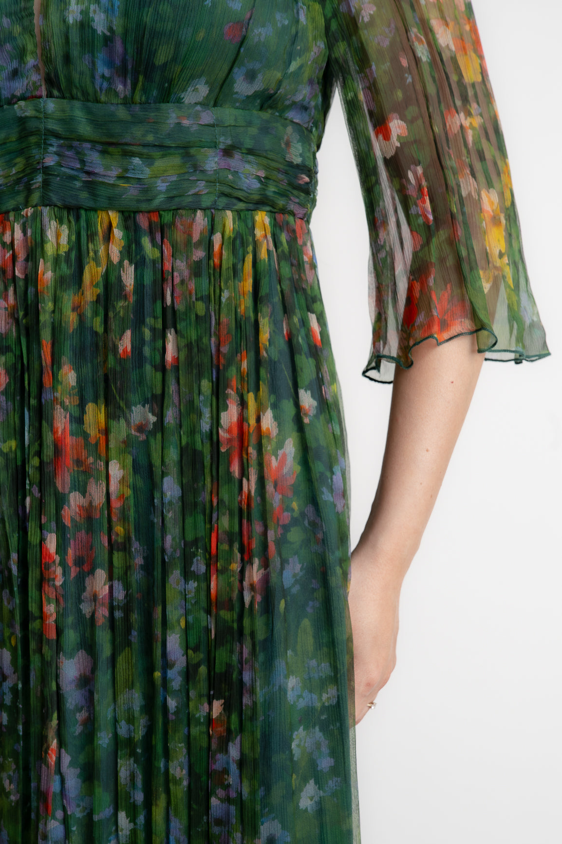 Rochie din matase imprimata, verde flori