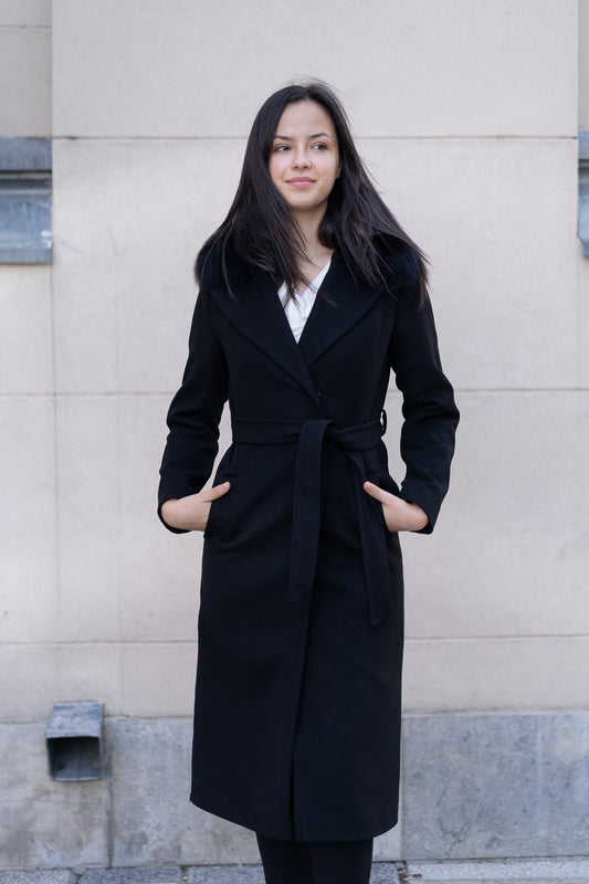 Palton lung cu blana naturala, negru