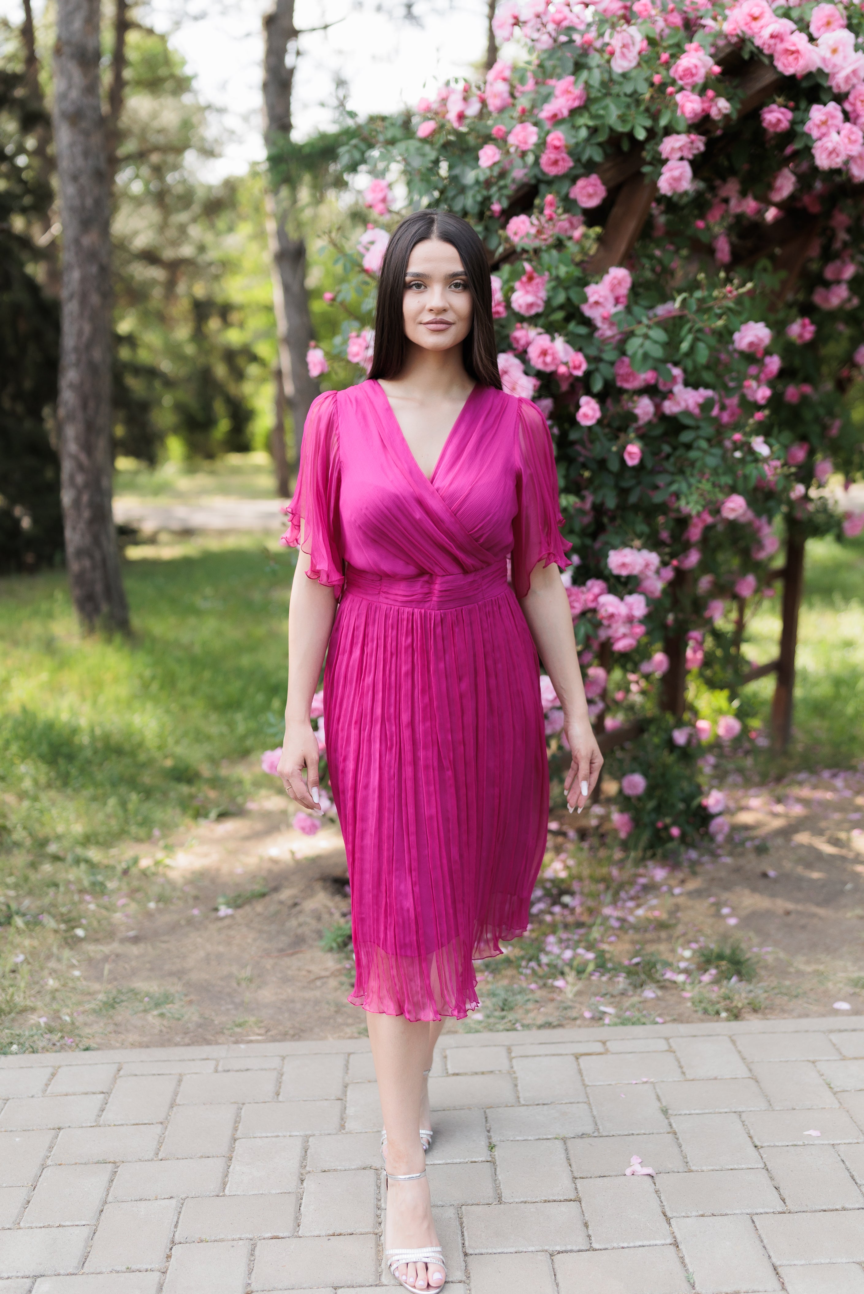 Rochie din matase fuxia eleganta