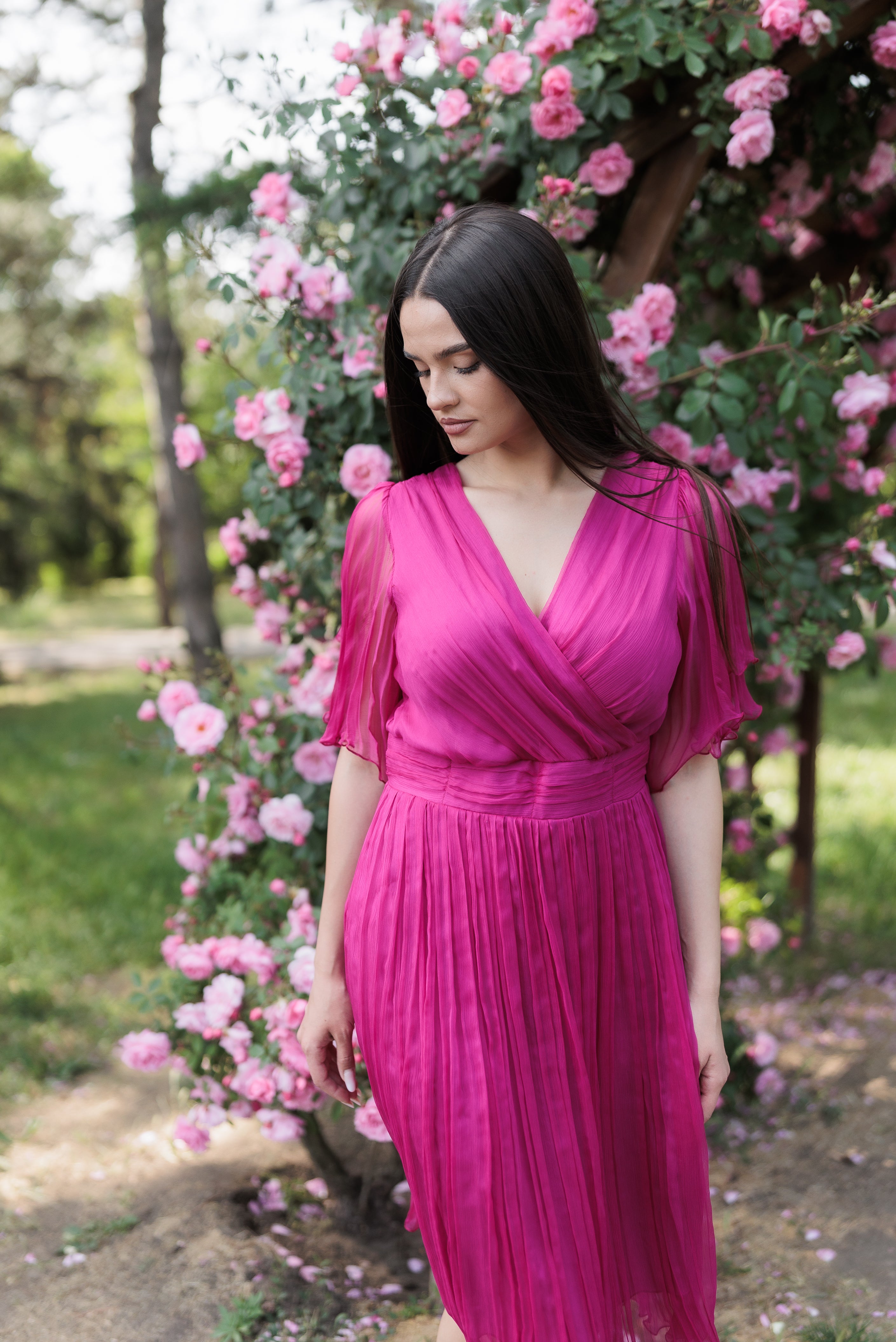 Rochie din matase fuxia eleganta