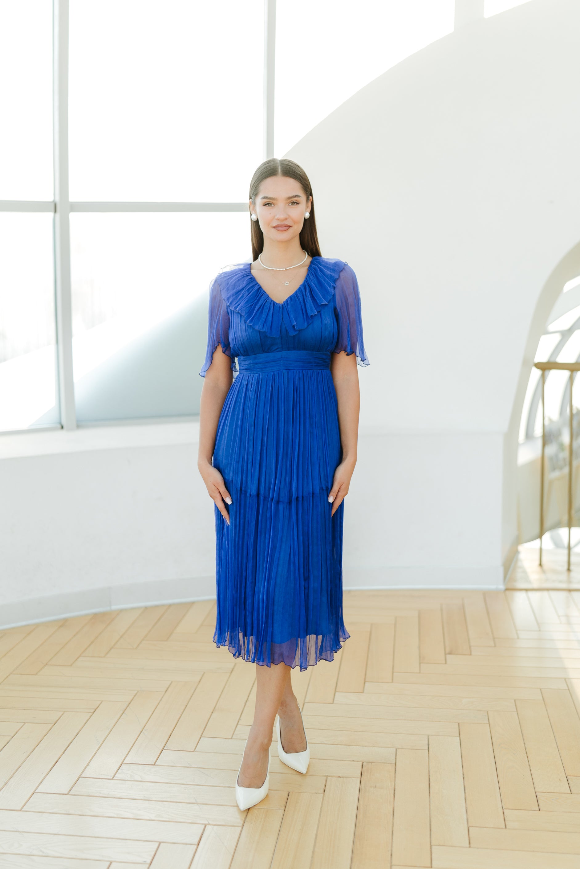 Rochie din matase cu volane, albastra