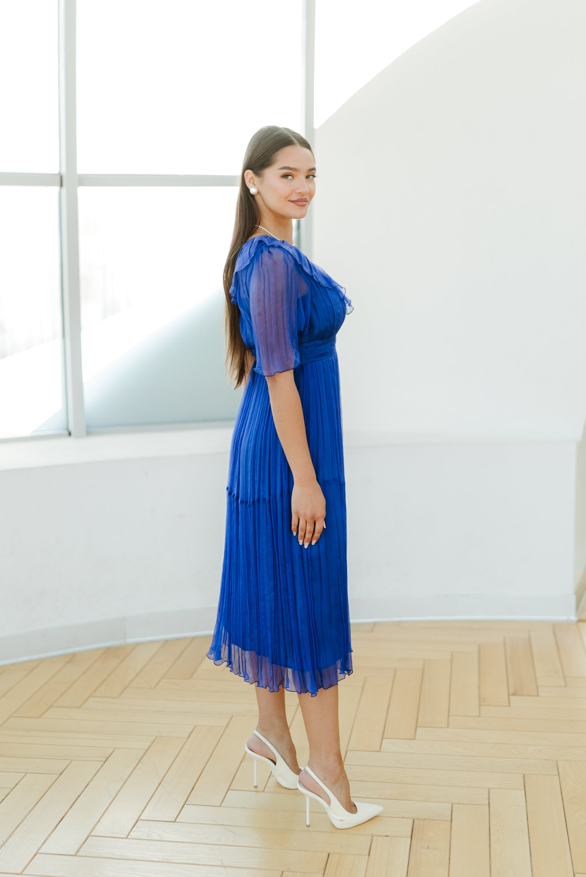 Rochie din matase cu volane, albastra