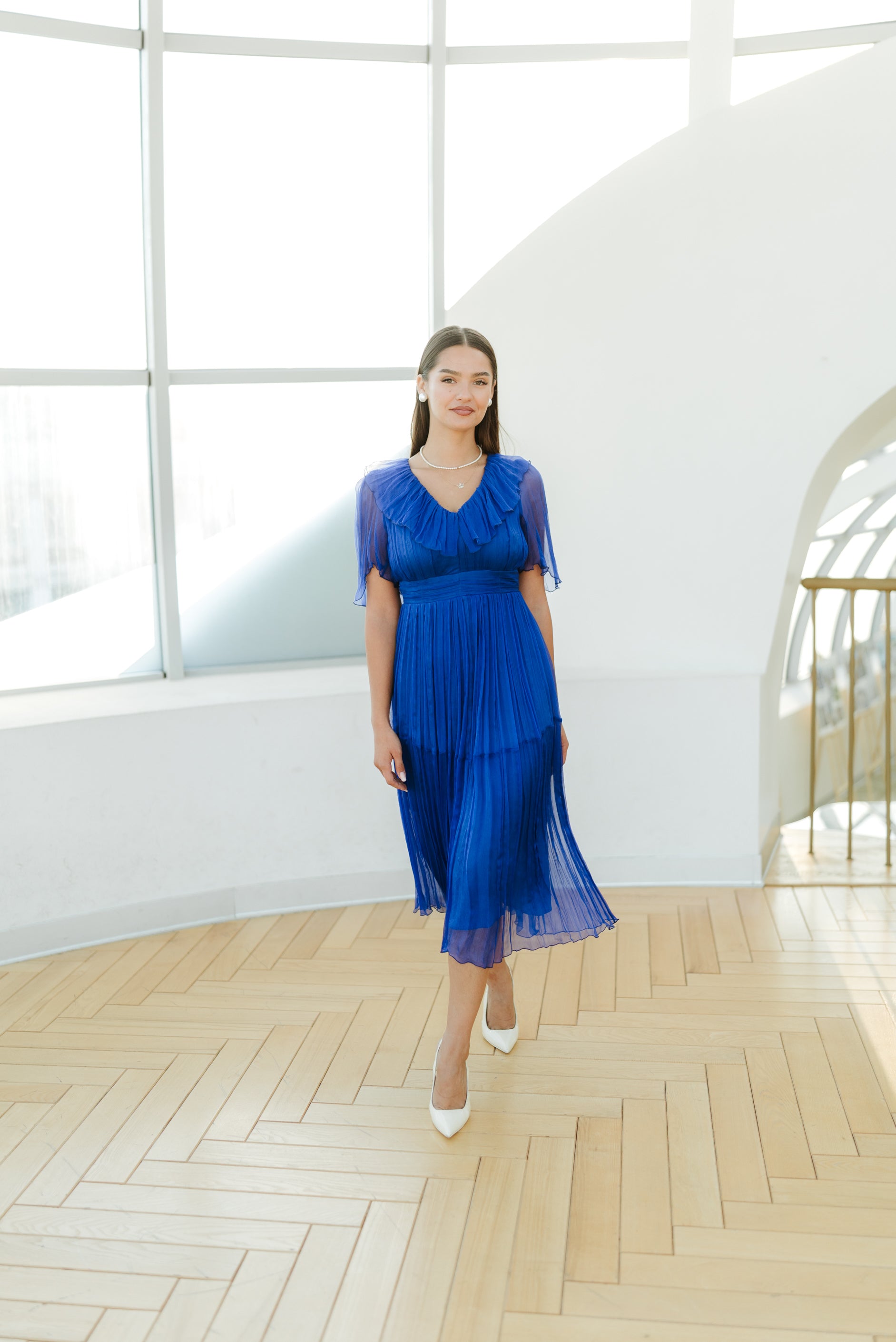 Rochie din matase cu volane, albastra
