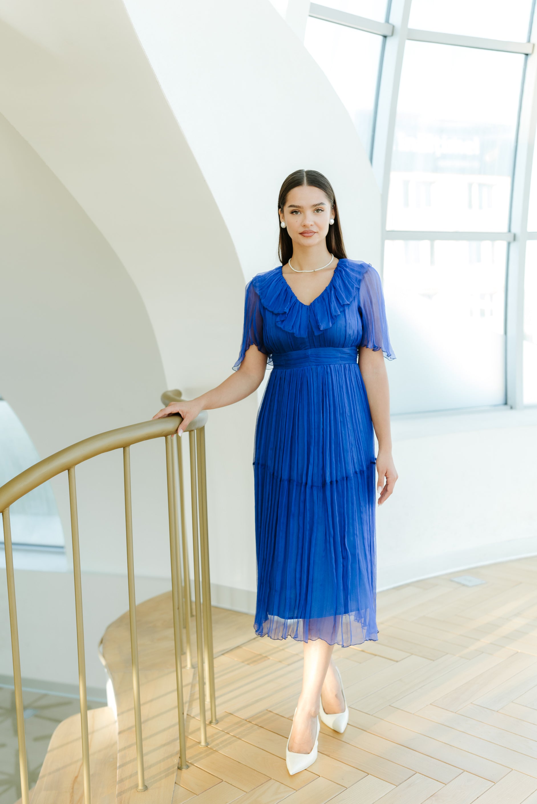 Rochie din matase cu volane, albastra