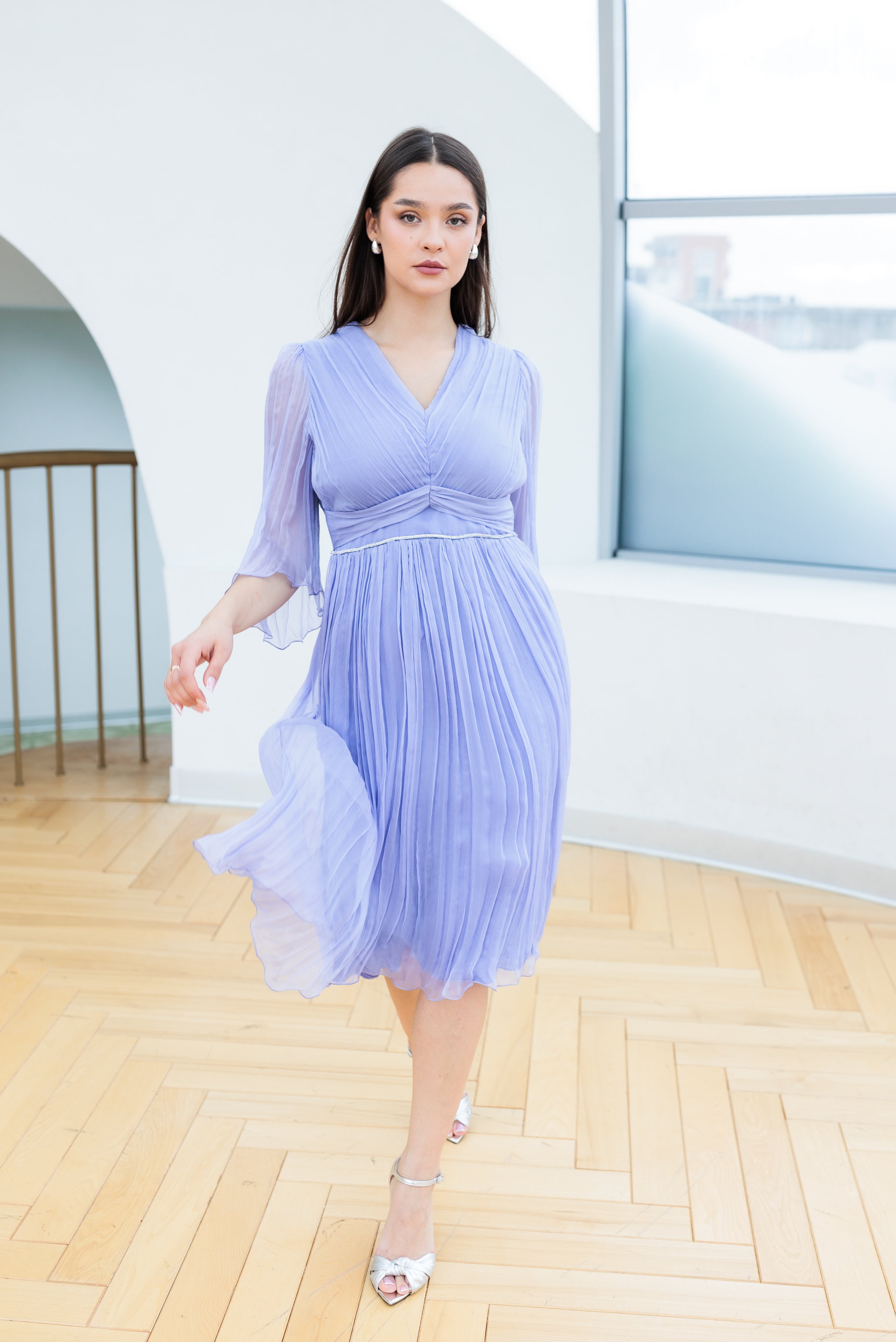 Rochie din matase cu accesoriu, lavanda