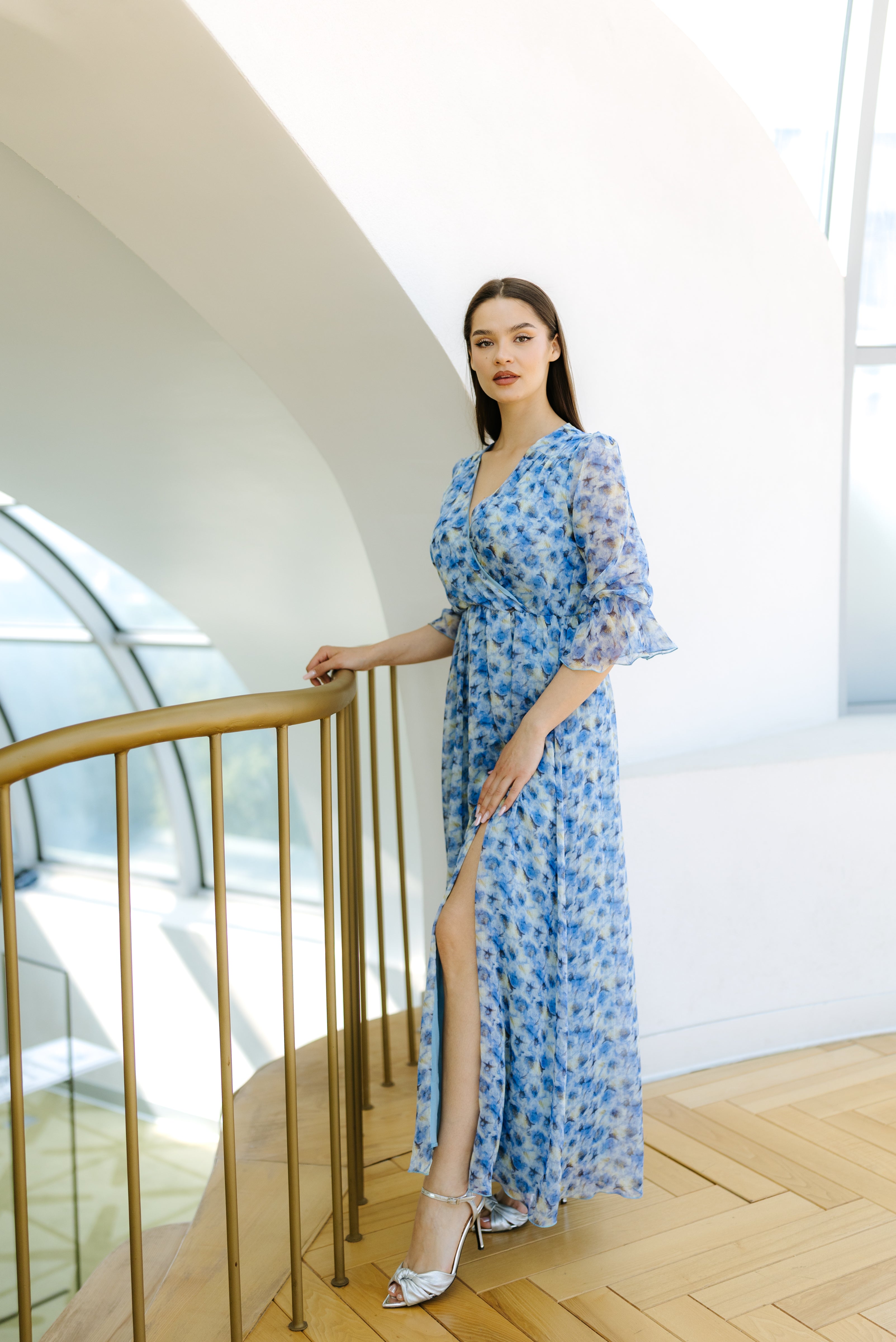 Rochie imprimata din voal albastra