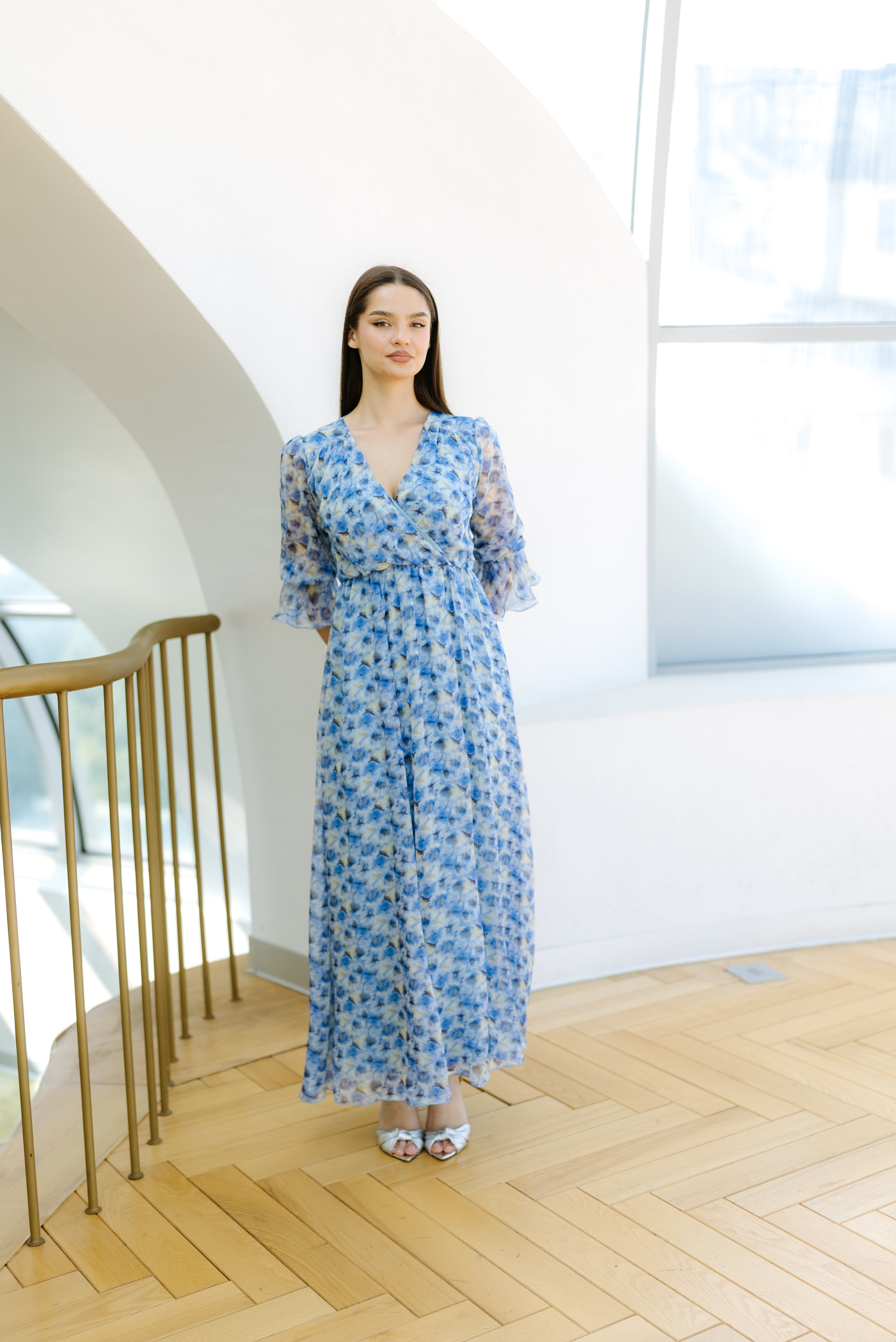Rochie imprimata din voal albastra