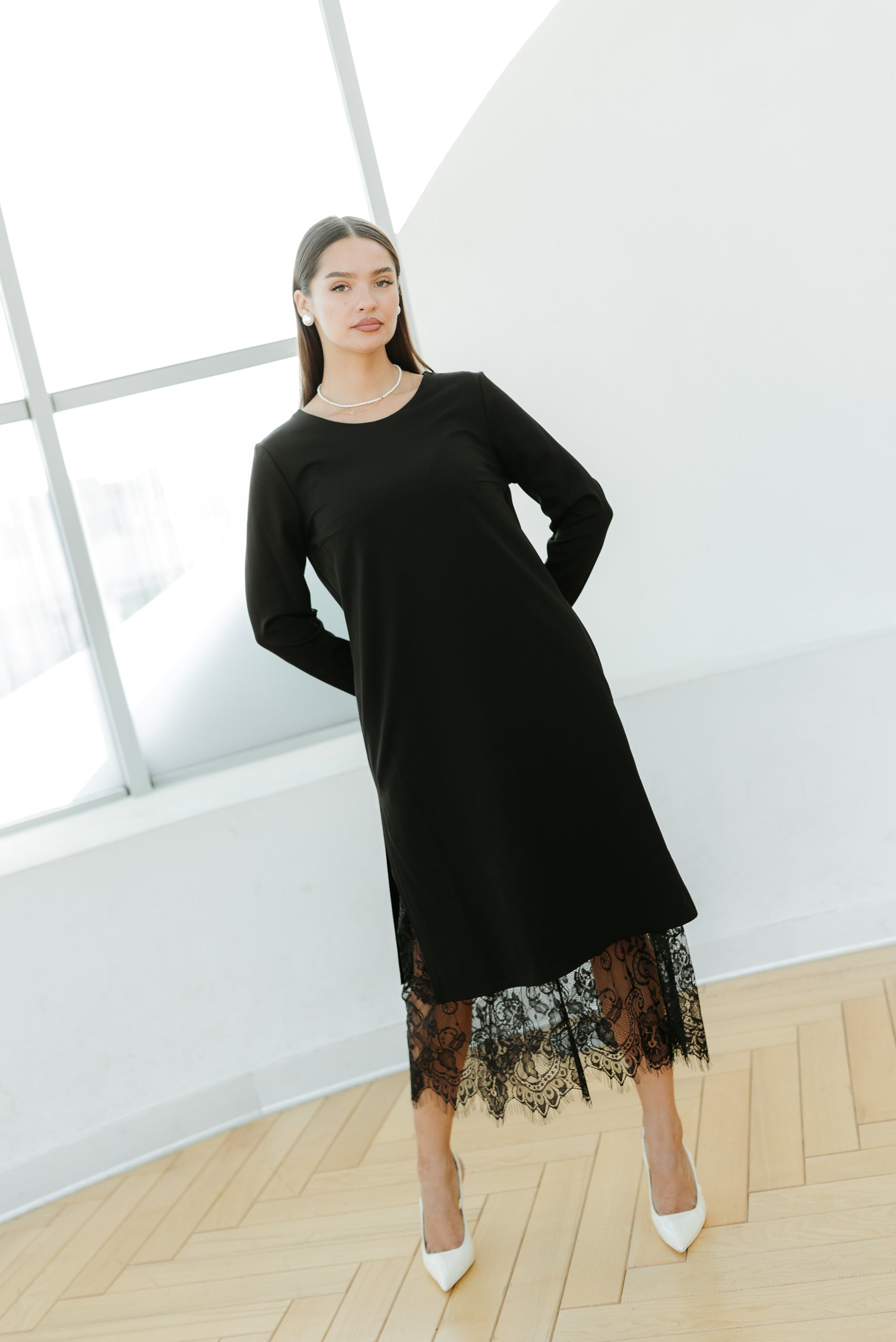 Rochie jersay cu dantela, neagra