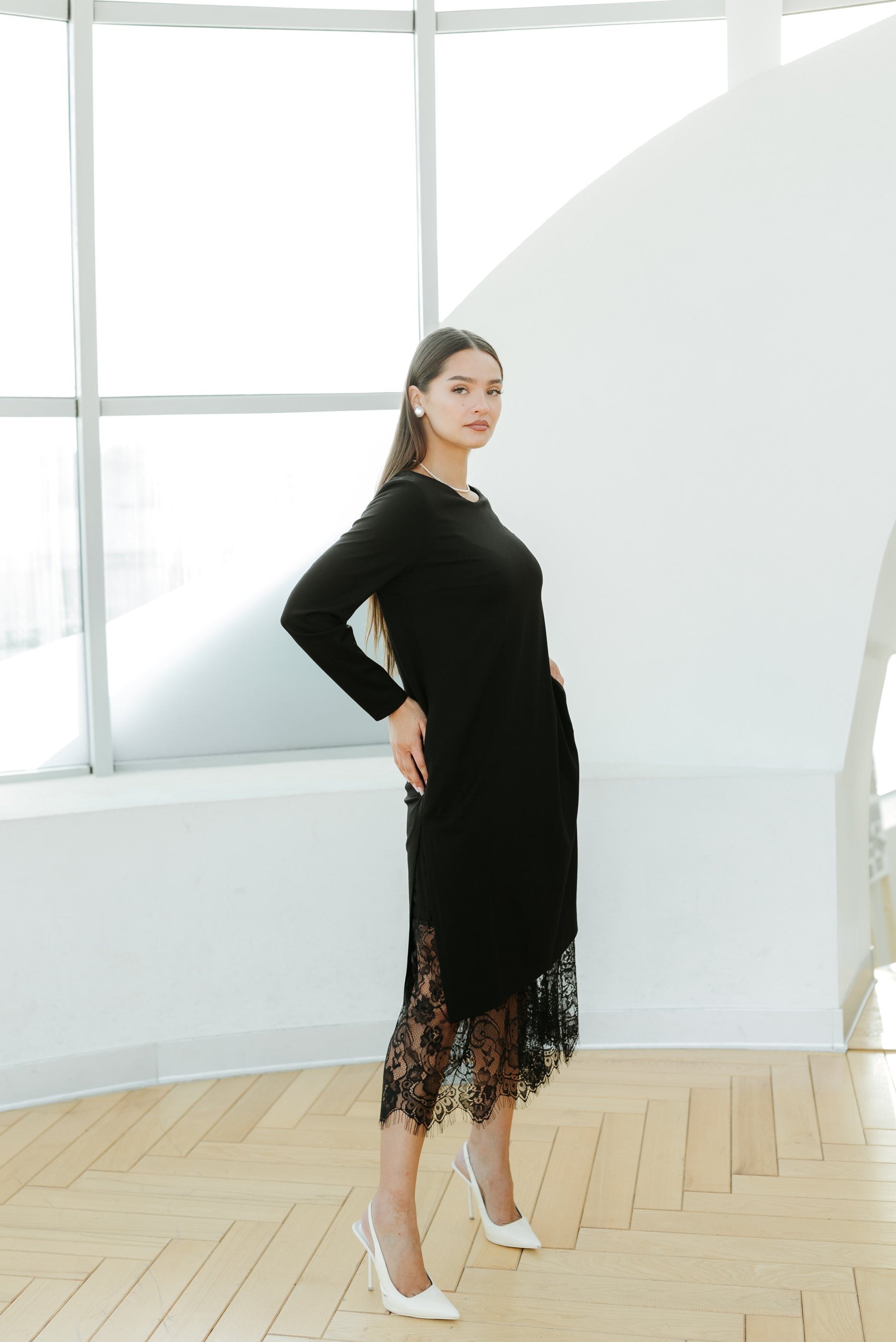Rochie jersay cu dantela, neagra