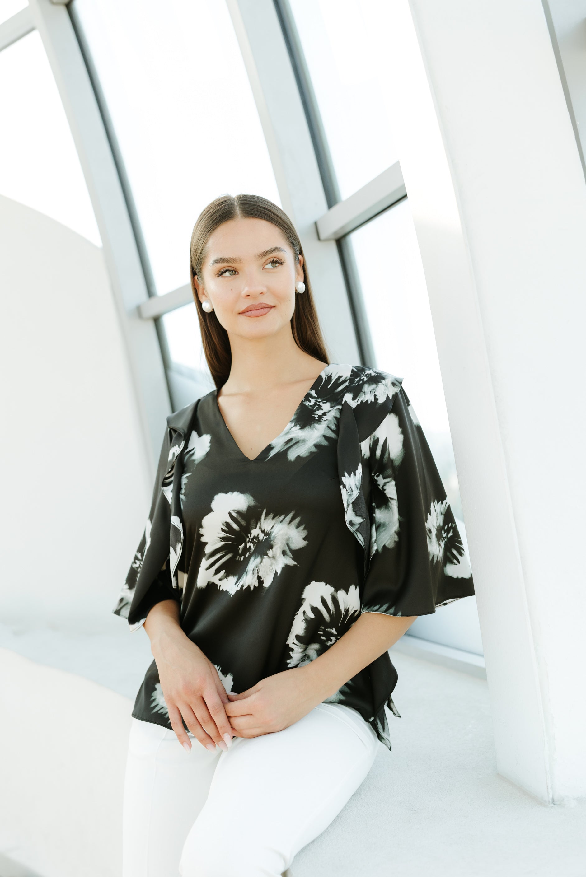 Bluza satin alb negru