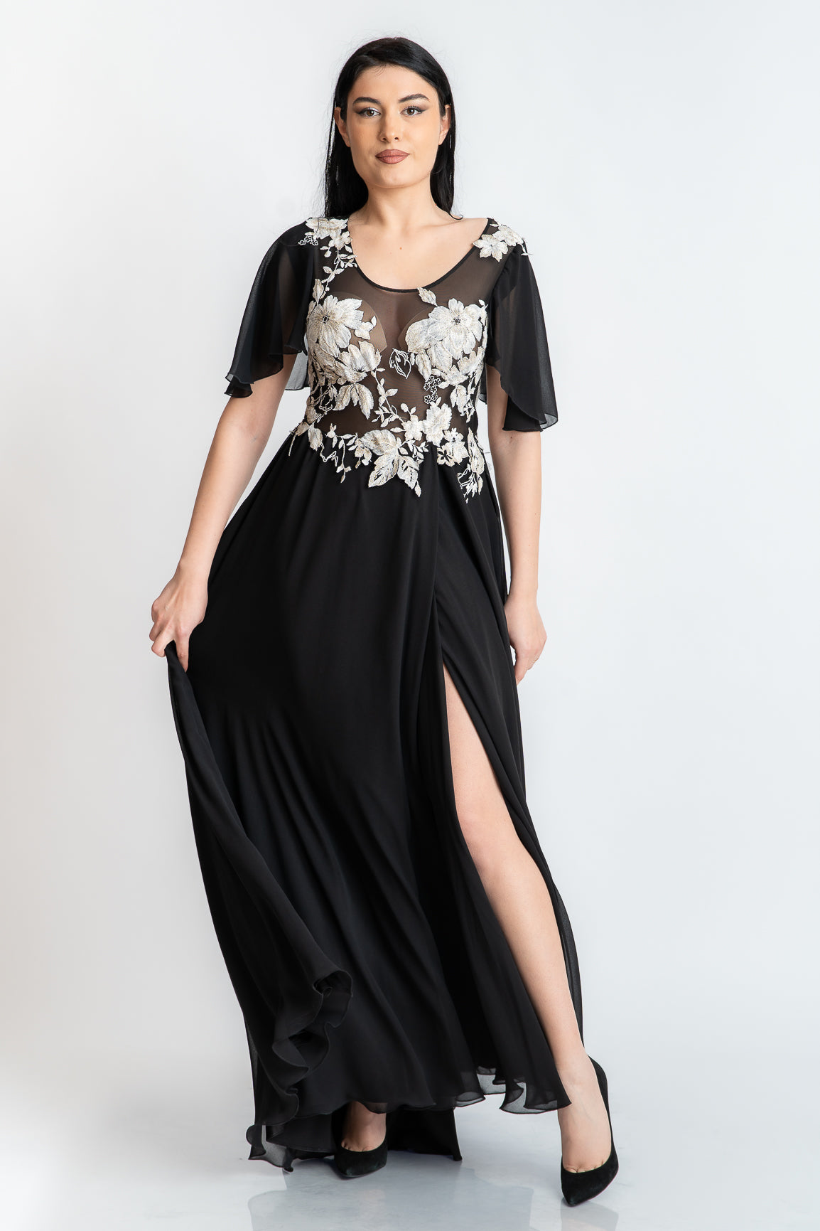 Rochie cu dantela alba aplicata, neagra