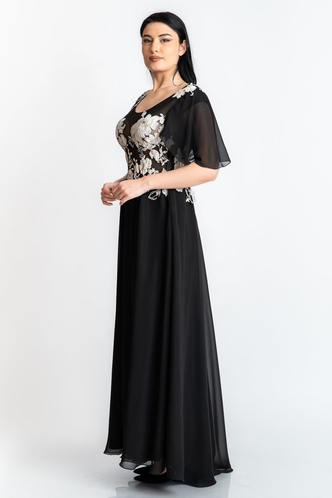 Rochie cu dantela alba aplicata, neagra