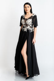 Rochie cu dantela alba aplicata, neagra