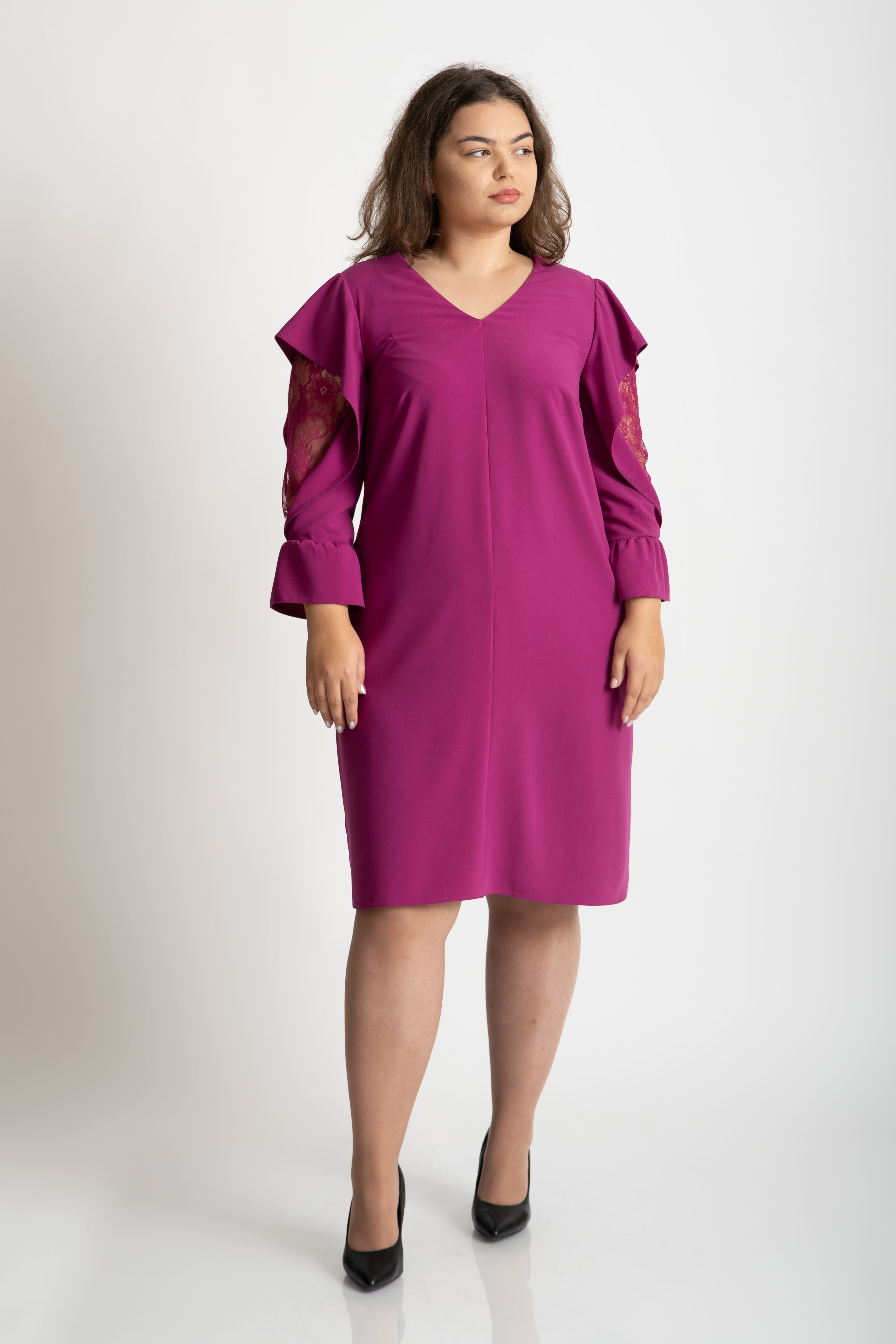 Rochie cu maneci cu dantela, mov