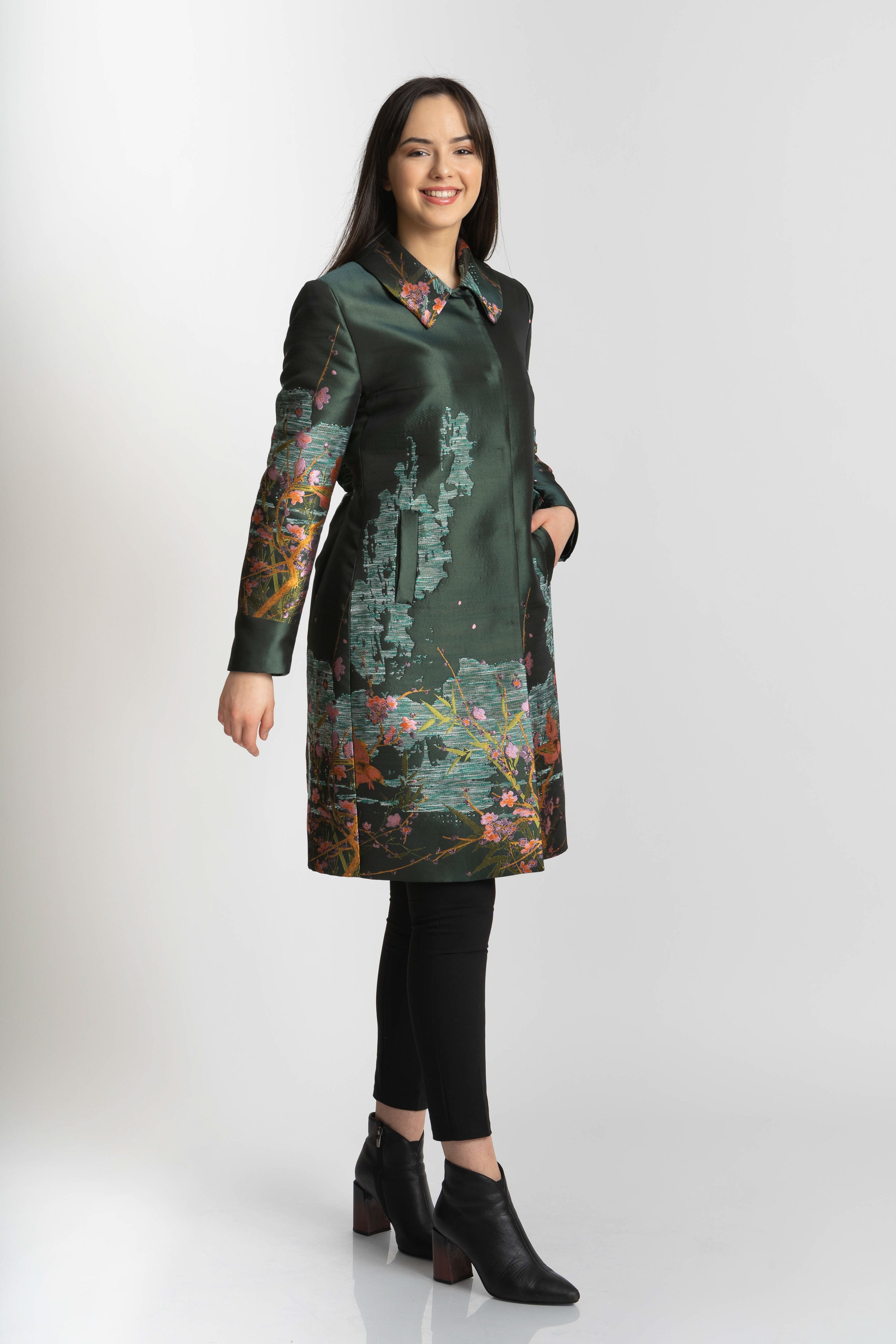 Pardesiu cu imprimeu floral, verde brocard