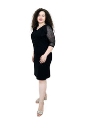 Rochie cu volanas si maneca din dantela, neagra Rochie R80027 